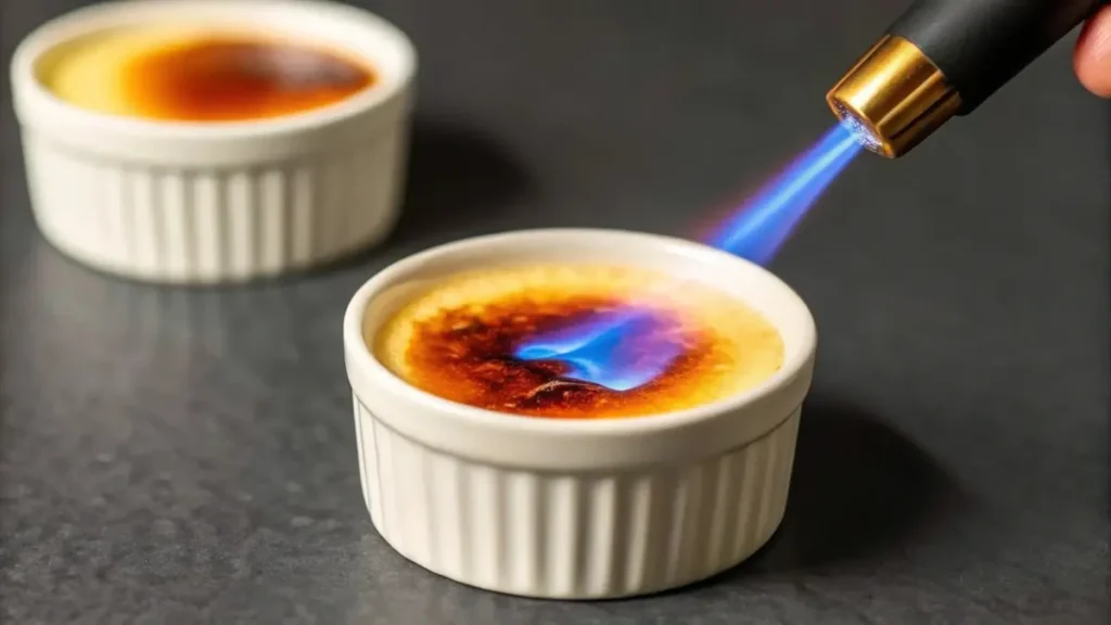 A brûlée torch caramelizing the sugar topping of a crème brûlée in a white ramekin.