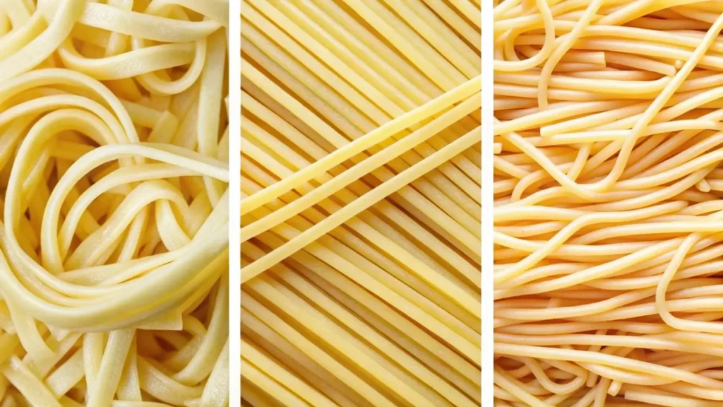A side-by-side comparison of spaghetti and tonnarelli, highlighting their shape and texture differences.